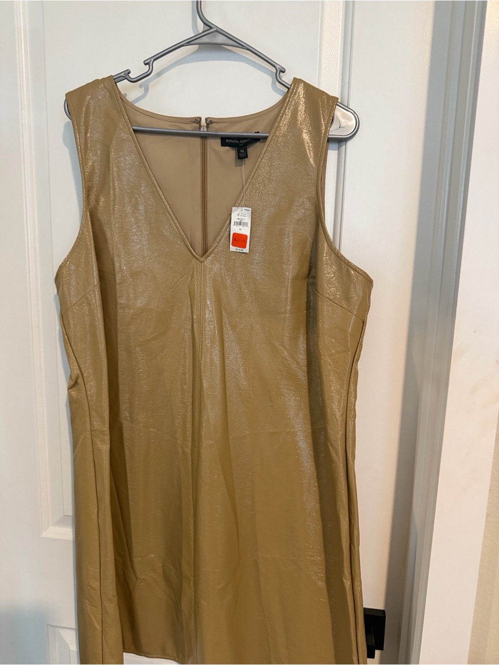 Banana Republic Shiny Faux Leather V-Neck Shift Dress in Camel/Tan